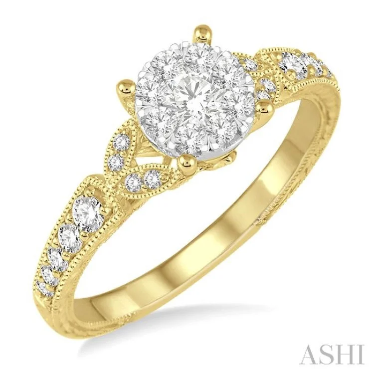 1/2 Ctw Round Cut Diamond Lovebright Engagement Ring in 14K Yellow and White Gold