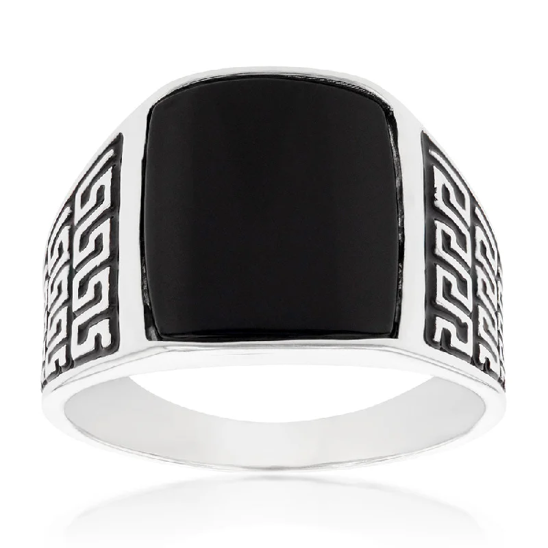 Sterling Silver Black Square With Greek Pattern Gents Ring