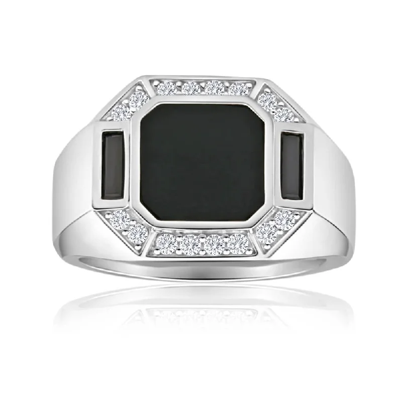 Sterling Silver Onyx + Cubic Zirconia Gents Ring