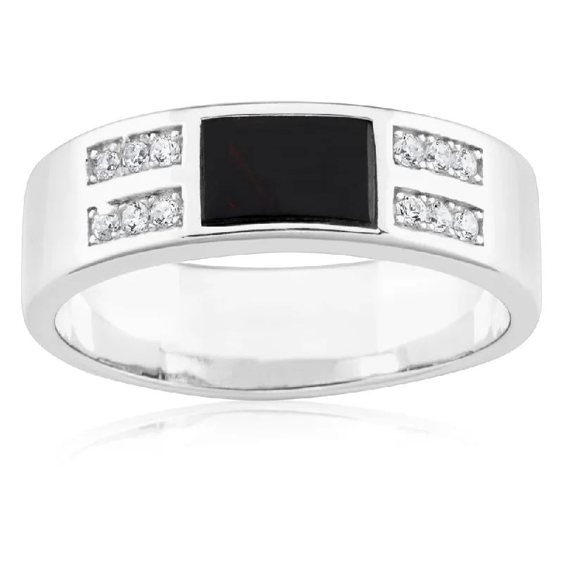 Sterling Silver Rectangle Onyx and Zirconia Gents Ring