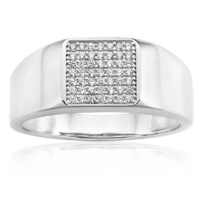 Sterling Silver Rhodium Plated Cubic Zirconia  Signet Ring