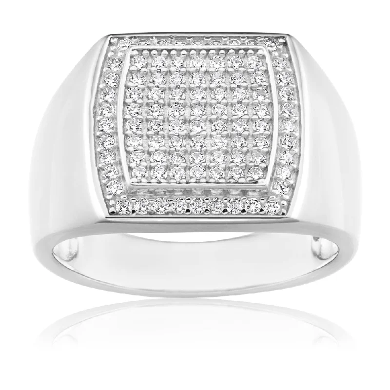 Sterling Silver Zirconia Grid Gents Ring