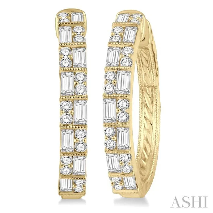 1 ctw Basket Weave Baguette and Round Cut Diamond Hoop Earrings in 14K Yellow Gold