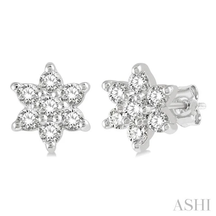 1/6 ctw Floral Round Cut Diamond Petite Fashion Earring in 10K White Gold