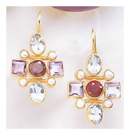 Milano Cross Blue Topaz, Amethyst,Garnet and Pearls Earrings