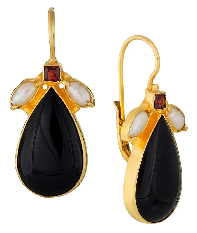 Queen Of Terdrops Onyx, Pearl and Garnet Earrings