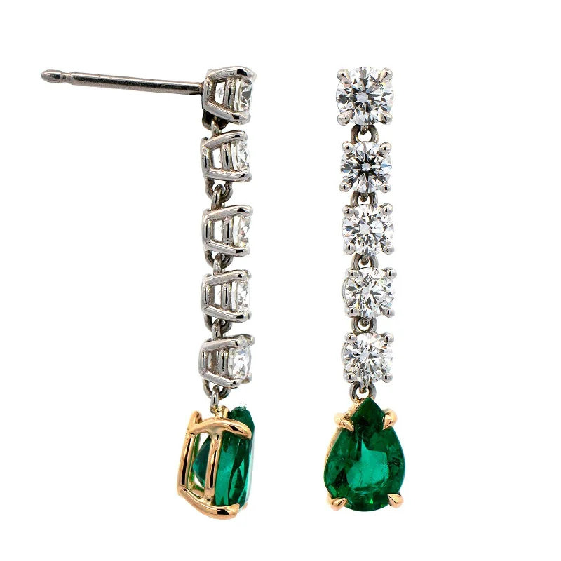 18K Yellow Gold and Platinum Emerald and Diamond Drop Earrings