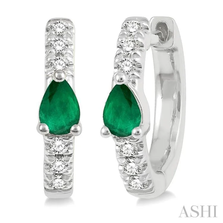 1/10 ctw 4X3MM Pear Cut Emerald and Round Cut Diamond Huggies Earring in 10K White Gold