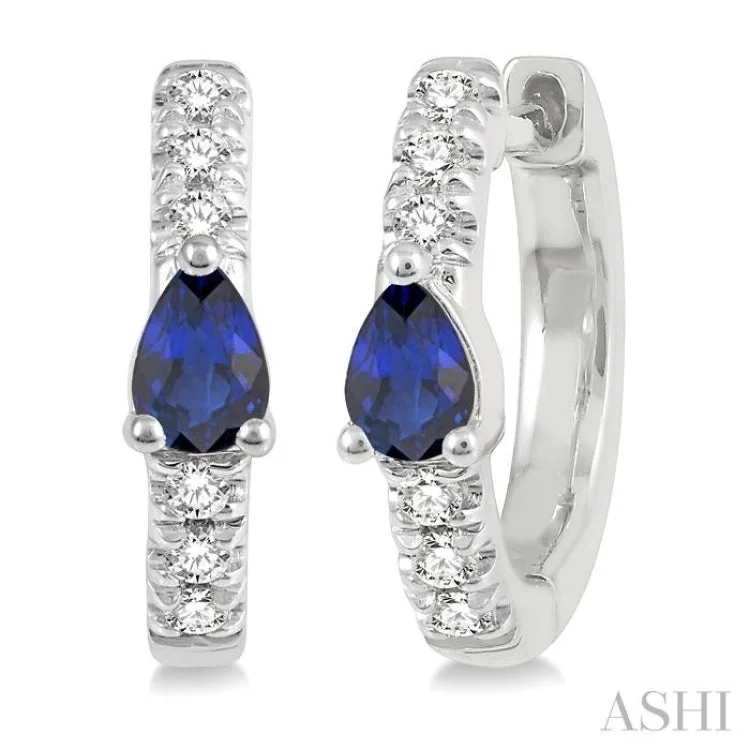 1/10 ctw 4X3MM Pear Cut Sapphire and Round Cut Diamond Huggies Earring in 10K White Gold