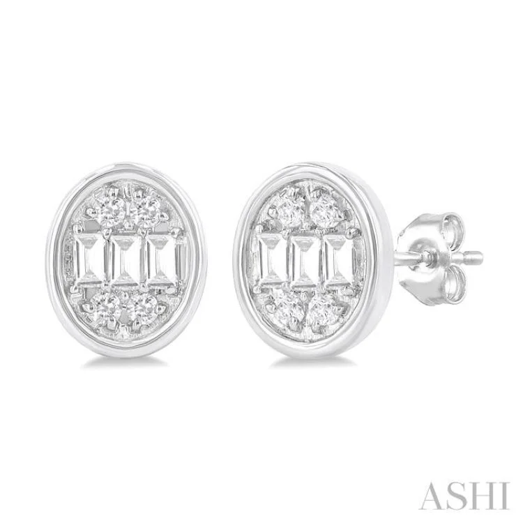 1/5 Ctw Petite Bezel Set Oval Shape Fusion Baguette and Round Cut Diamond Fashion Stud Earring in 10K White Gold