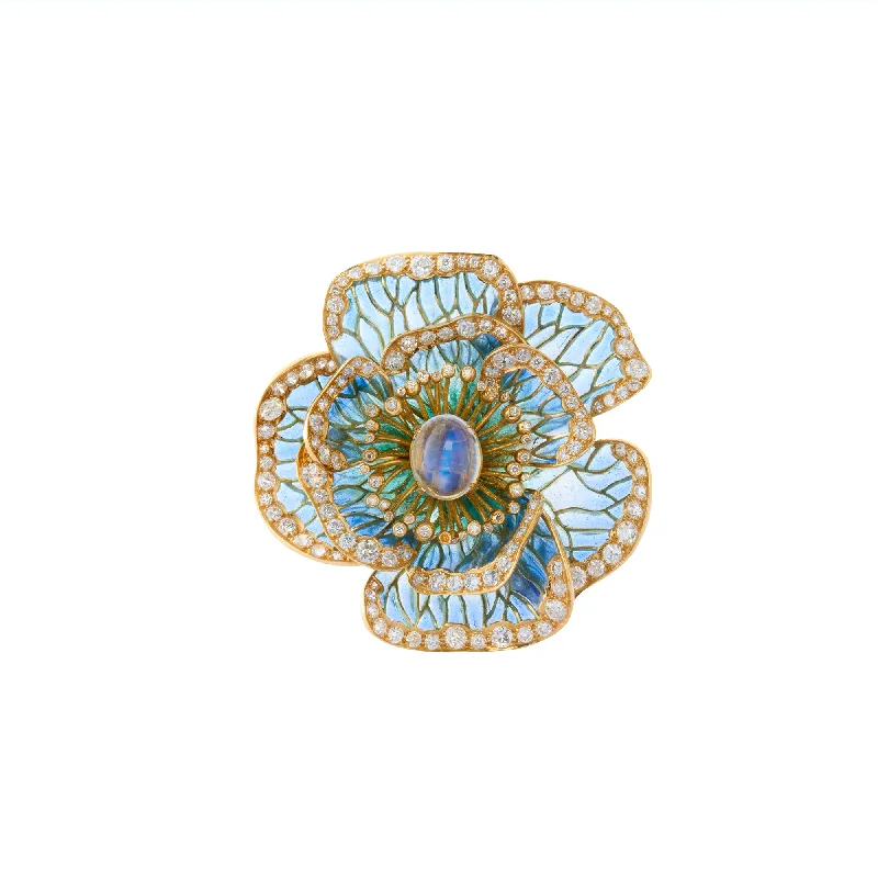 Plique-a-jour Flower Ring - Moonstone and Diamond