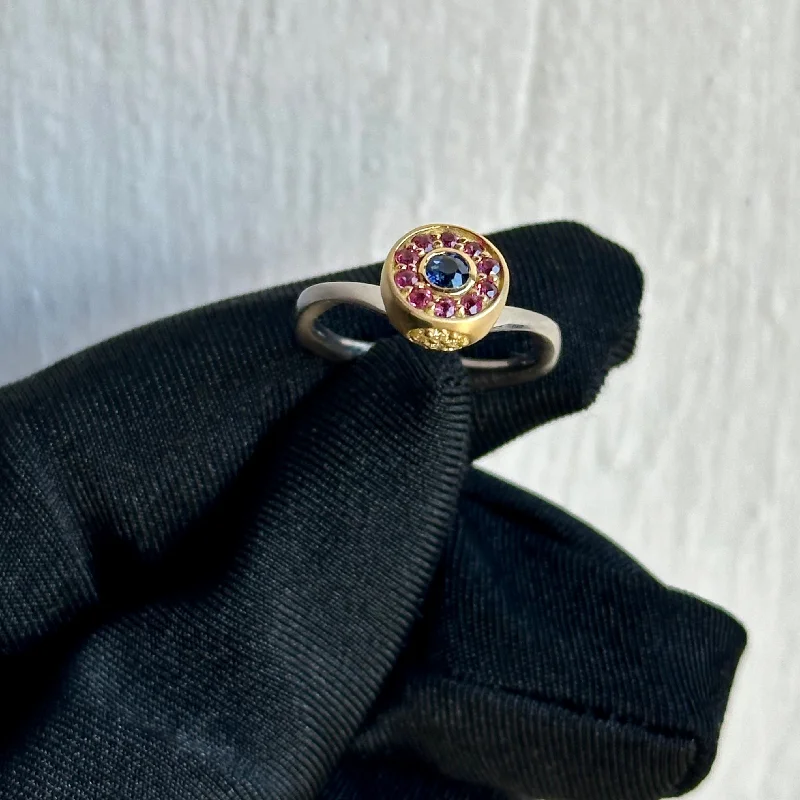 Artisan 18K White Gold & Yellow Gold Ring Featuring 3.5mm Sapphire and .35ctw Rubies