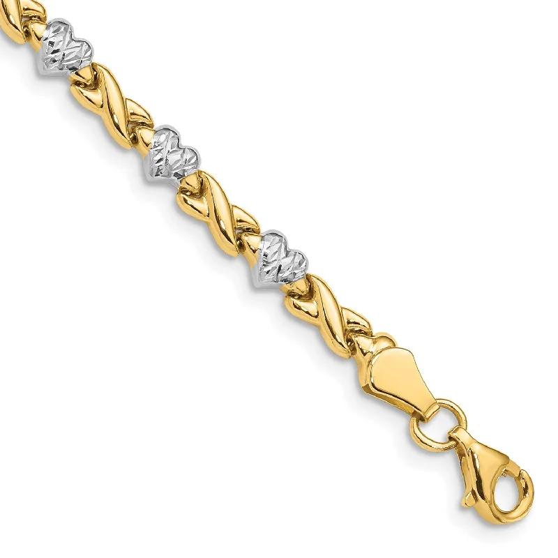 14KT Yellow Gold With Rhodium Plating 7-inch 4MM Diamond-cut Heart Bracelet