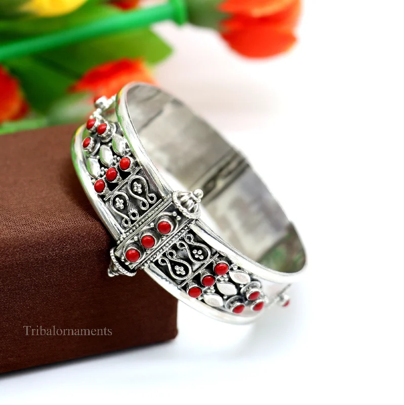 925 sterling silver handmade Indian vintage design coral stone bangle cuff bracelet stunning stylish tribal brides jewelry gifting nssk485