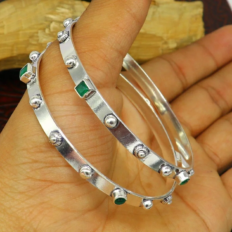 Amazing unique design handmade 925 sterling silver plain design green gemstone bangles bracelet, tribal stylish fancy jewelry nba117