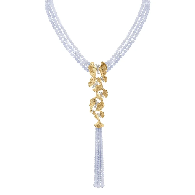 Butterfly Ginkgo Tassel Necklace with Chalcedony and Diamonds