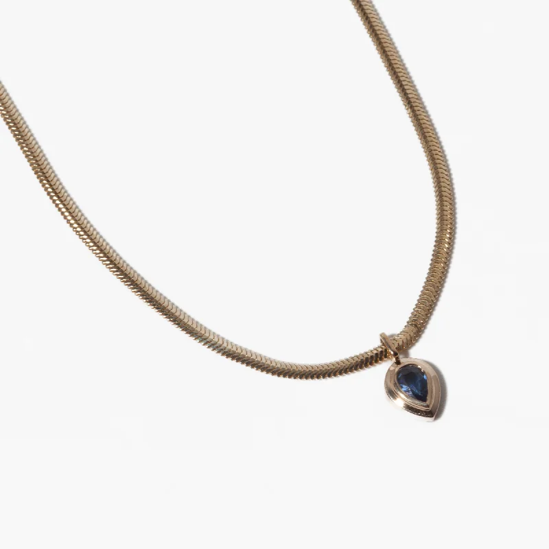 Pear Blue Sapphire Bezel Pendant Snake Chain Necklace