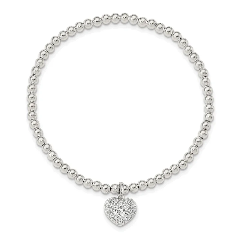 Sterling Silver Cubic Zirconia 7-inch 3MM Beaded Stretch Heart Bracelet