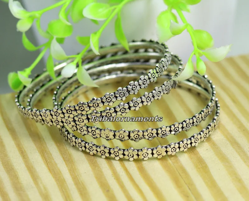 Vintage flower design handmade 925 sterling silver bangle bracelet fabulous oxidized belly dance jewelry kangan set tribal jewelry ba65