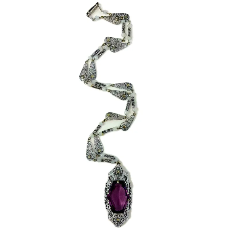 Vintage White Gold-tone Filigree Necklace with Amethyst Pendant